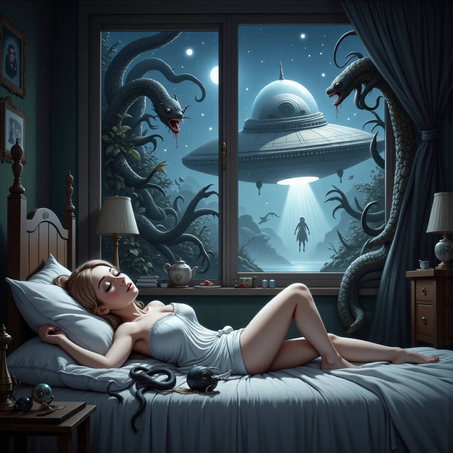 Gorgeous woman asleep in bed in slutty loose pajamas, a ufo is outside her window, a deadly man eating tentacle beast is sliming its way into her open window