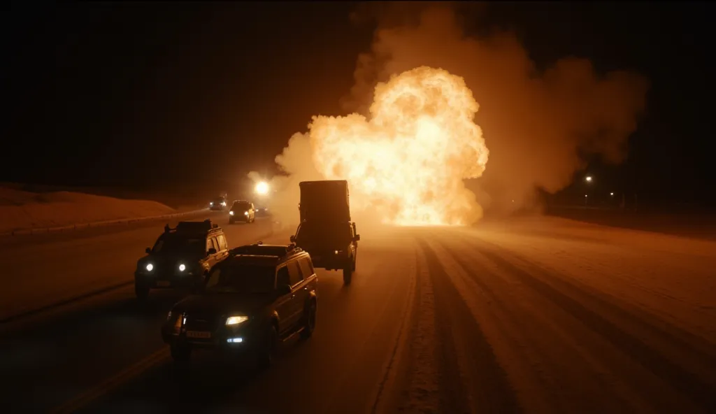 Video Prompt:
A convoy of black SUVs speeds down a desert highway at night. Suddenly—an explosion erupts, sending a vehicle flipping into the air. Gunfire erupts in the chaos.

Camera: Wide aerial drone shot for the explosion, then rapid handheld for close...