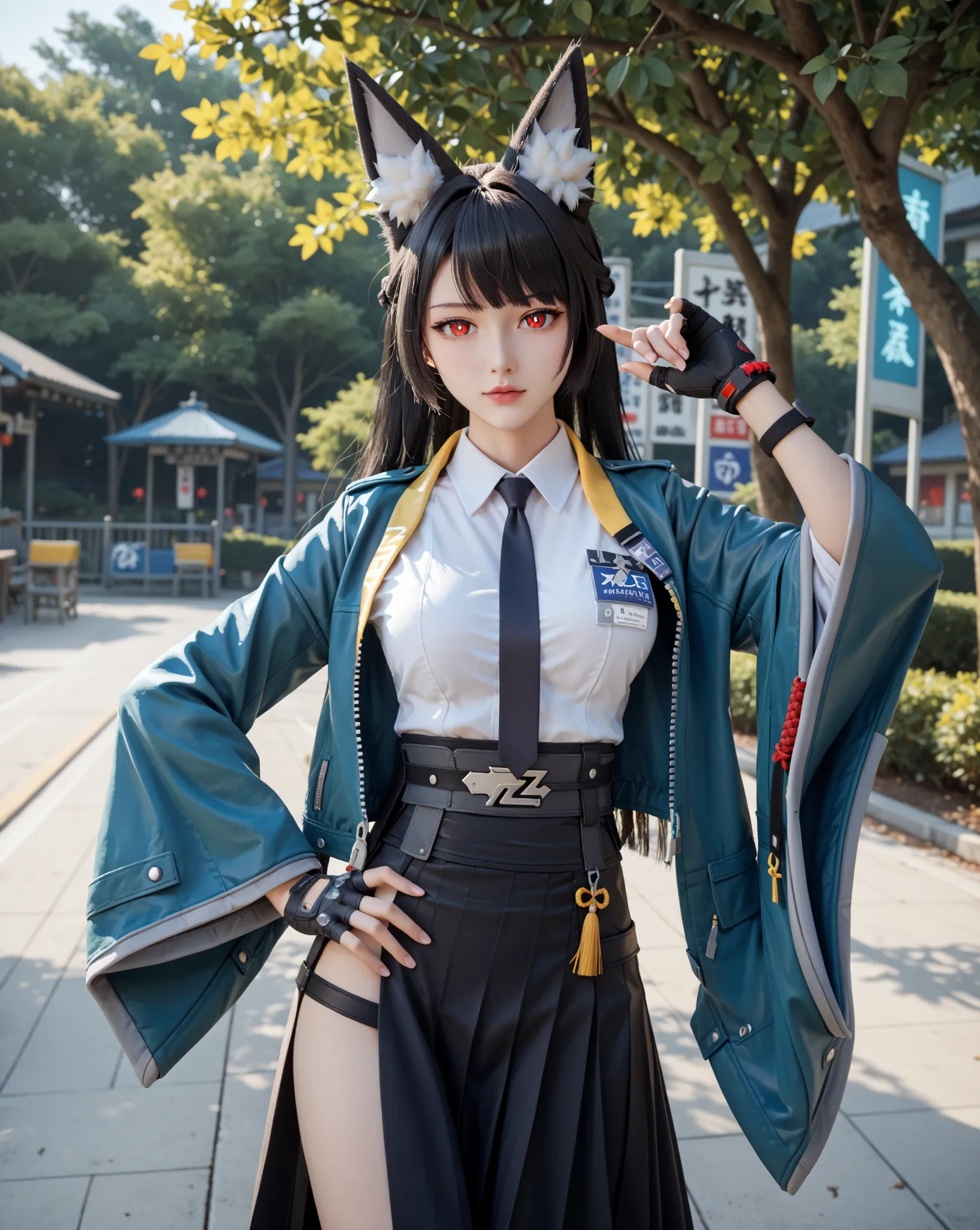 (Miyabi Hoshimi from zenless zone zero, miyabihoshimi, miyabi hoshimi,animal ear fluff, animal ears, black hair, bright pupils, fox ears, fox girl, half updo, long hair, red eyes, sidelocks, white pupils, asymmetrical gloves, black gloves, black necktie, b...