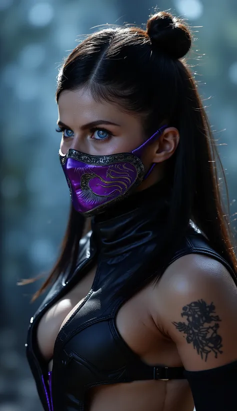  hyperrealistic hair by Alexandra Daddario as Mileena, A character from * mortal kombat*, with a shiny metallic purple mask and silver details. Unfortunately,  I can't create or generate images directly , but I can help you describe how this art could be m...