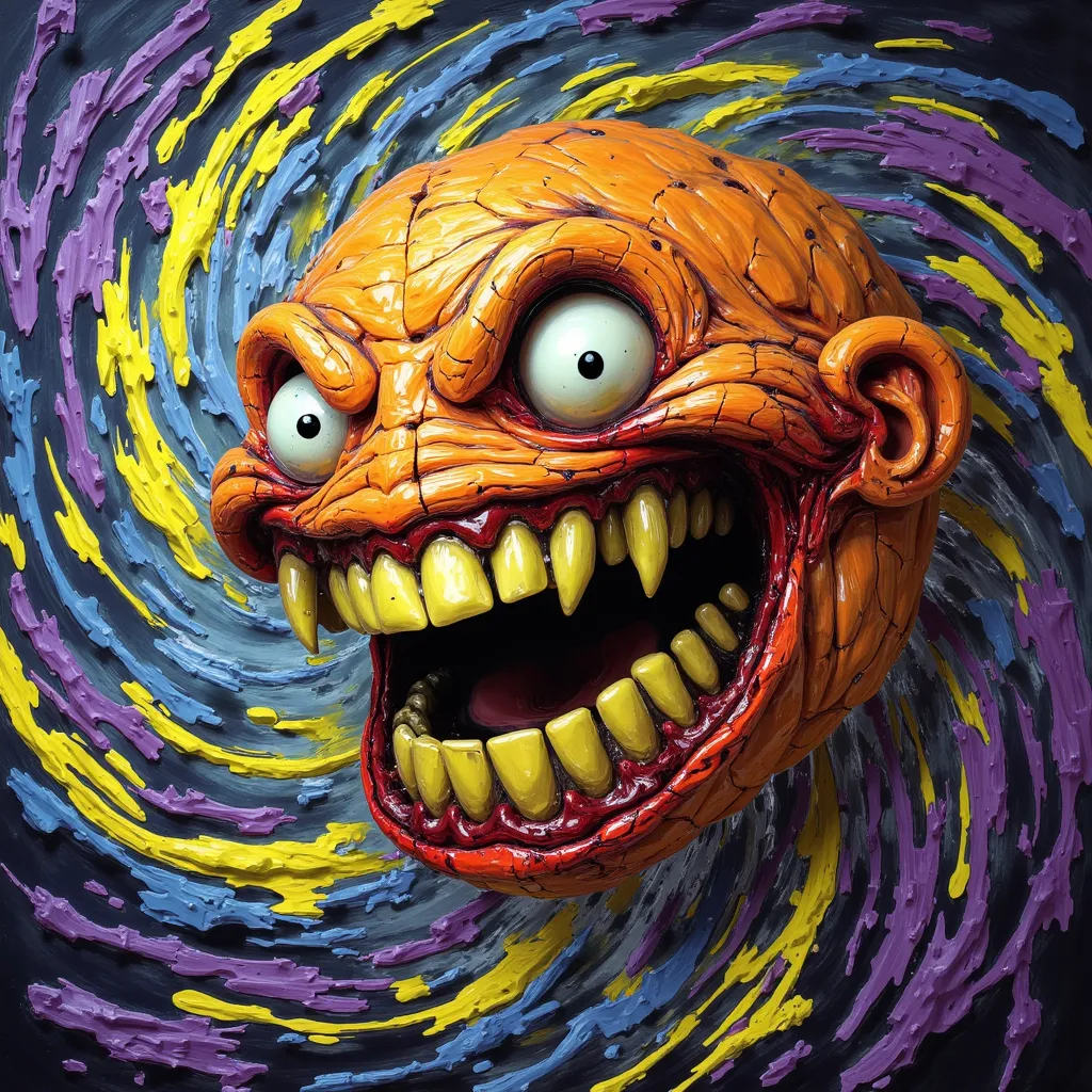 A surreal emoji-like face with an exaggerated, wide-open mouth, revealing distinctly yellow, crooked teeth—a grin stretching from ear to ear. Its enormous, bloodshot eyes with cracked red veins give a crazed expression. The head is a vibrant orange hue, gl...