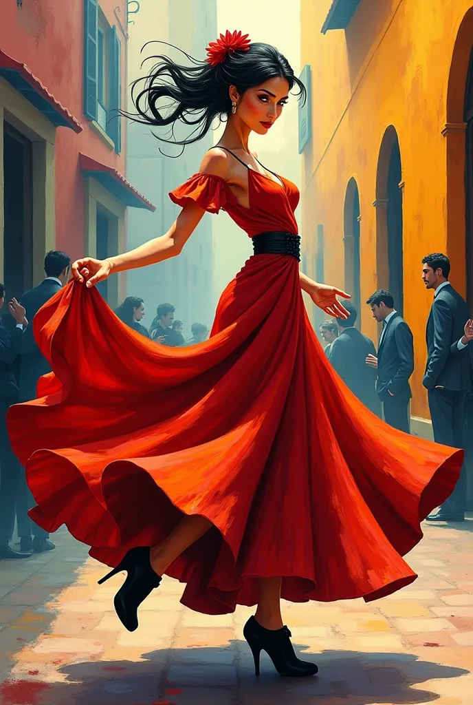 Create a Cubism-style painting of a beautiful Spanish gypsy , dancing .with black shoes