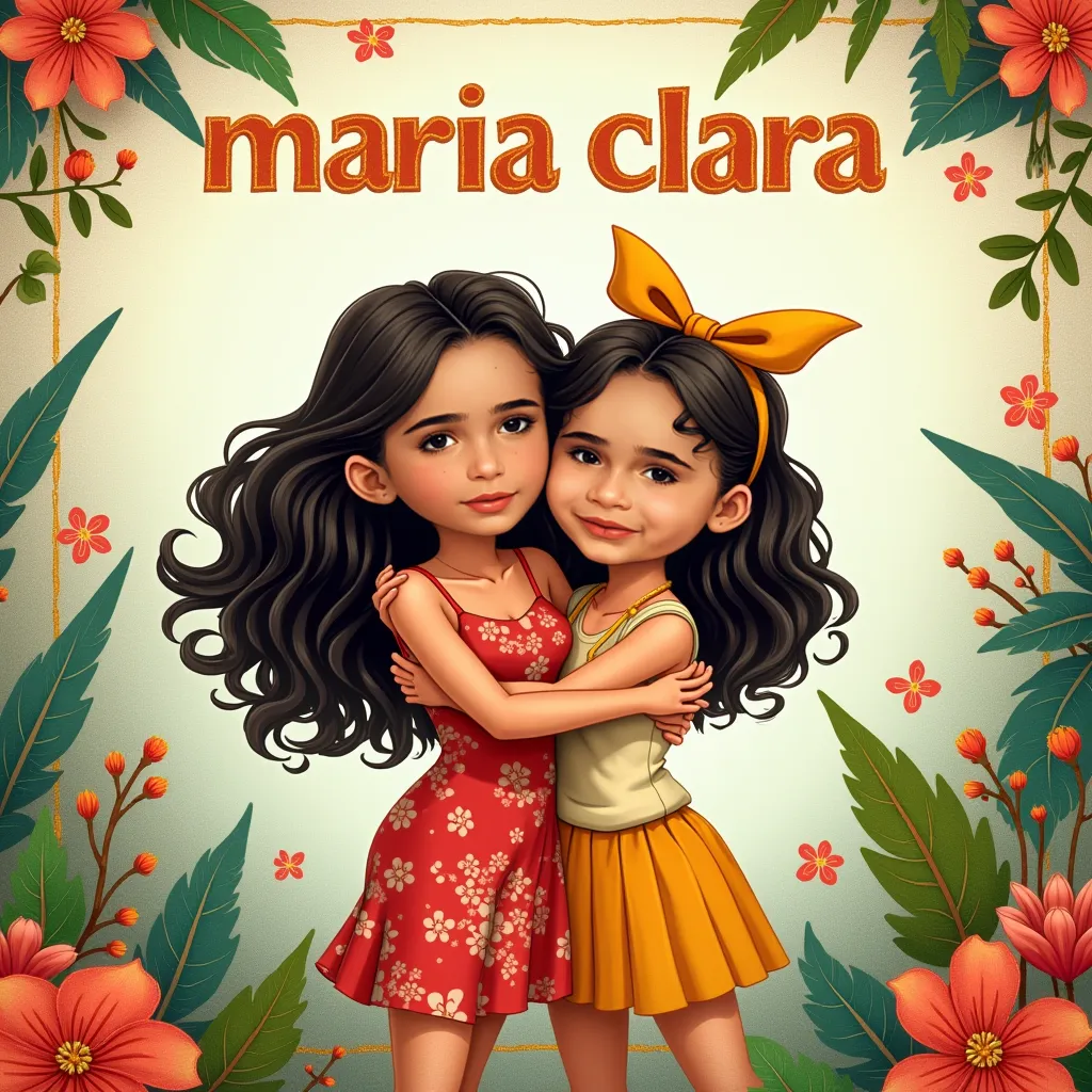 BIRTHDAY INVITATION WITH SAYINGS "MARIA CLARA - " AND IN THE CENTER A LIGHT-HAIRED AND CURLY GIRL EMBRACED ON THE STITCH. THE STYLE IS THE SAME AS LILO'S OLD ANIMATION & STITCH