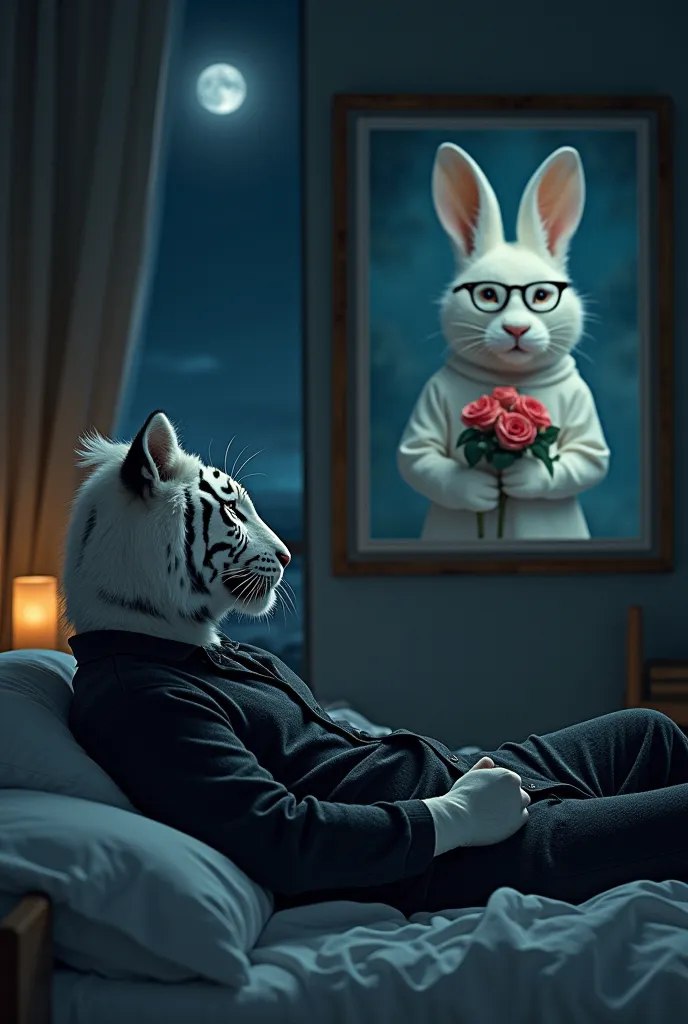 A picture of a man with a white tiger head wearing black pajamas sleeping on the bed at night in front of the window and the moon appears in the window. He looks at a picture hanging on the wall of his room in which a woman with a white rabbit head wears g...