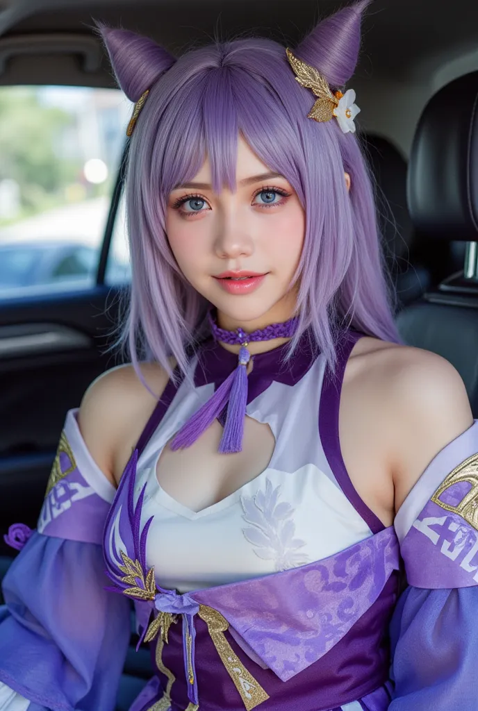 Sfw, a woman in keqing cosplay costume, she is wearing purple dress with detached sleeves and neck tassel, she has purple double cone hair bun twintails with hair ornament, beautiful caucasian woman, close upper body shot, fair white skin, perfect body, wa...