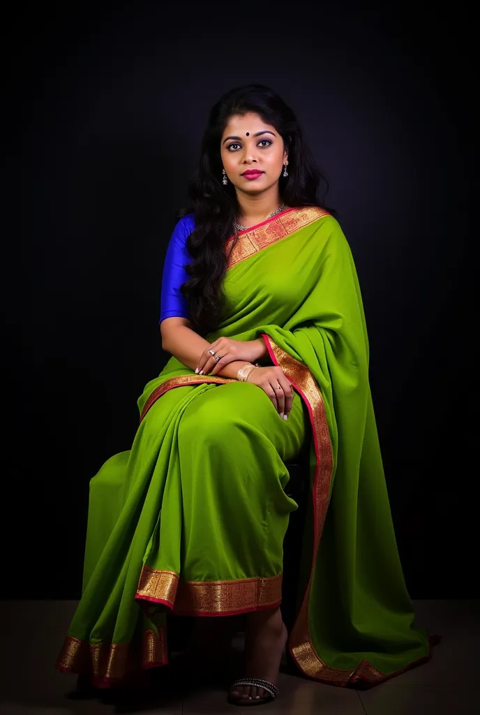 Malayali house wife, in her 25 age, wearing green satin saree with red border with blue blouse, long wavy hair until shoulder,dramatic lighting, rebrandt lighting scheme, sitting pose, photoshoot for ethnic anklets and beautiful feet