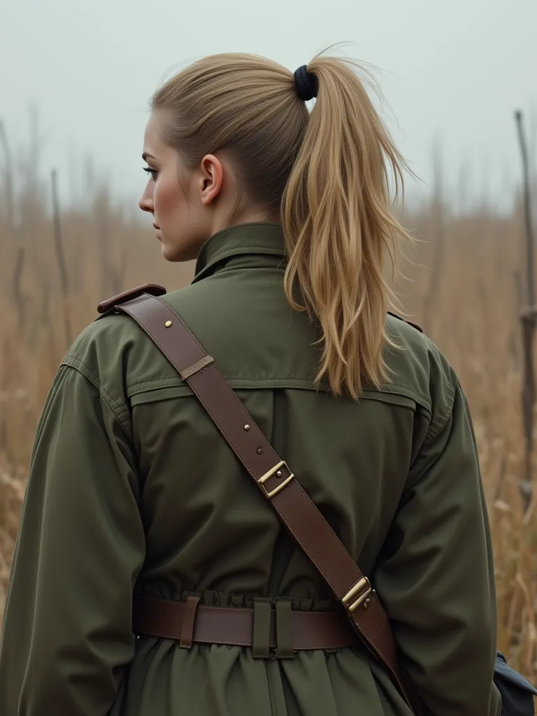 back view pf a beautiful  fitness-plus size Ukrainian women soldier,  very short Golden  ponytailhair , casual walking at battlefield, She wears combat military uniform, a stunning contrast to the fierce, weathered look on her face., ultra realistic detail...