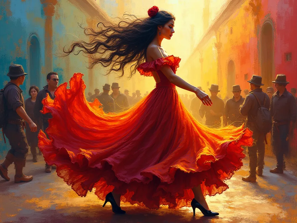 Create a realistic impressionist-style painting of a beautiful Spanish gypsy woman , dancing .with black shoes, And the colorful background 