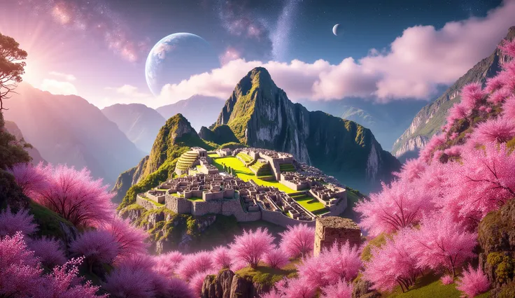 masterpiece, The ruins of Machu Picchu (cuzco) beautiful, a large cherry blossom forest, a lot of clouds everywhere, a planet in the sky and stars, The ruins of Machu Picchu muy Detailed, beautiful bosque de flor de cerezos de color impresionante, clouds...