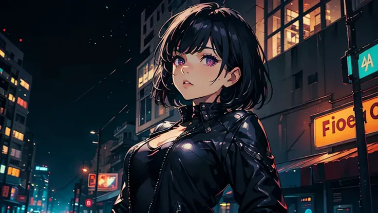 1girl, black short bob bang hair, deep dark purple eyes, cool face expression, wearing black leather jacket, looking slightly to the sky, center position, shot from head to chest, no cut frame on the head, in the middle of the night, bokeh city cinematic b...