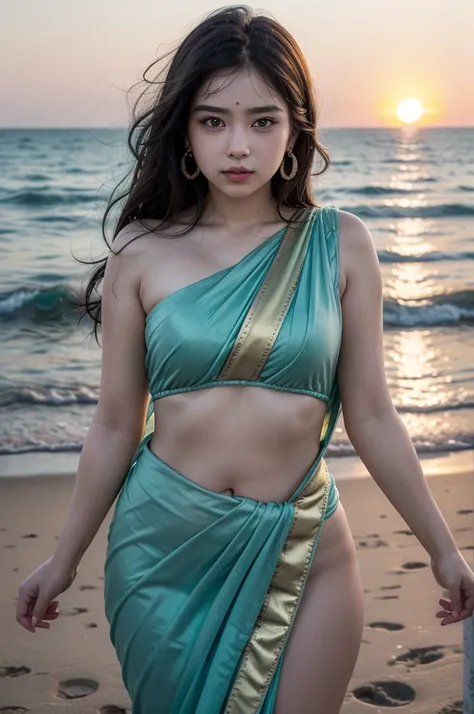 A highly realistic, sweet, and shy young woman (18-22) with a soft, slightly chubby, and adorable physique stands on a breathtaking beach during sunset. Her long, silky, and naturally flowing hair sways in the ocean breeze, reflecting the golden sunlight. ...