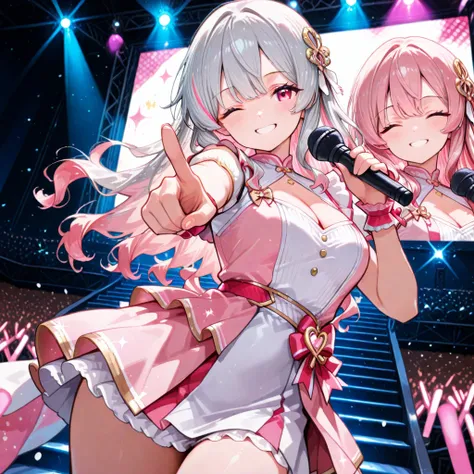 a young idol on stage, with long wavy hair, underlayer hair: silver hair outside and bright pink hair inside. the singer has a microphone in her hand, smiling and winking, one finger pointing towards the audience, in the background we see the stage lights ...