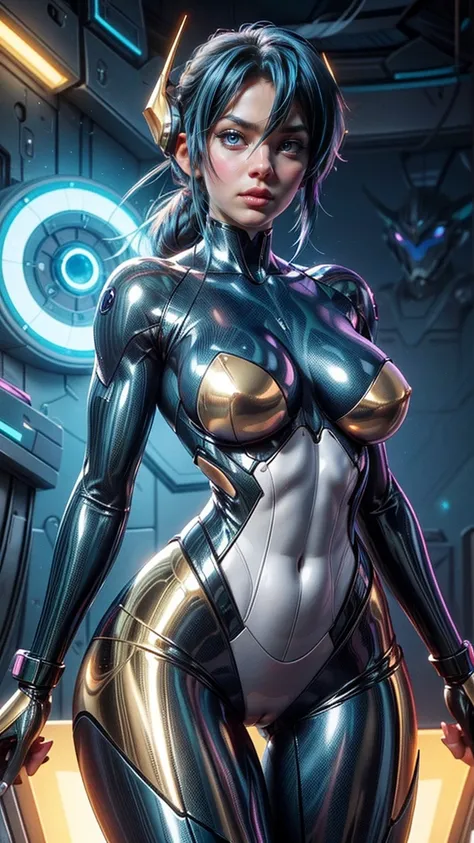    score_9,   score_8_high,   score_7_high,   20 years old 1 girl  , Alone,   muv-luv pilot body made of shiny and shimmering latex  ,  blue skin-tight futuristic body with golden stripes, light Reflexions highlight her body,  huge breasts , chubby waist  ...