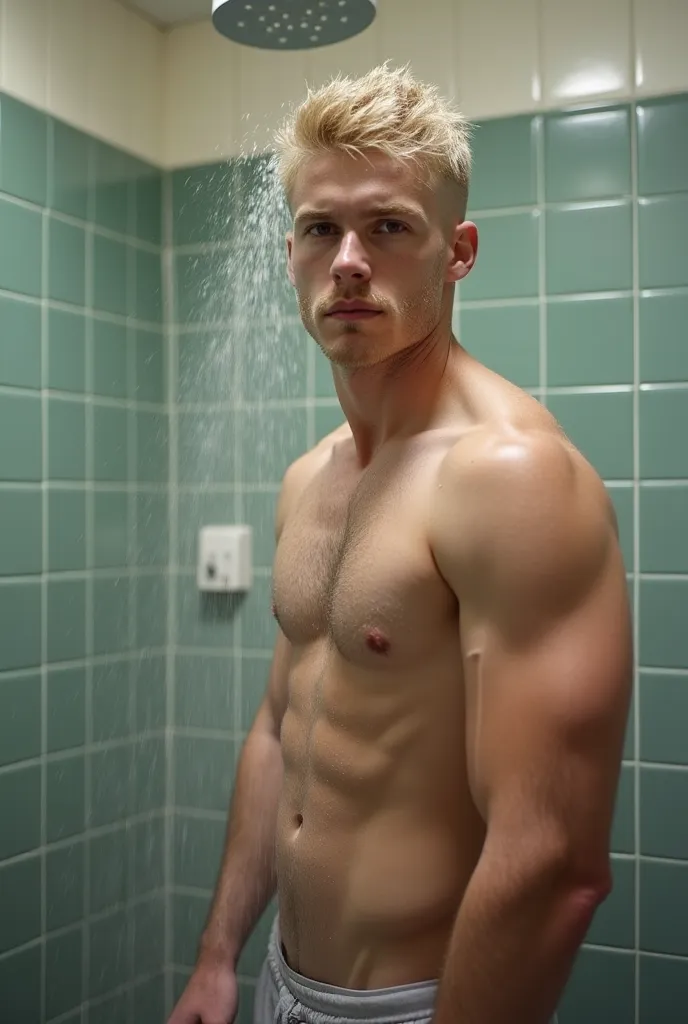 White, blond guy in the school bathroom taking a shower showing his big, hairy, soft dick.