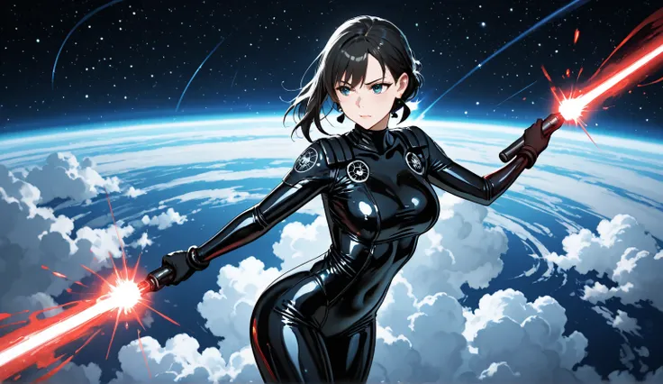 An elite spy of an intergalactic empire, dressed in a tight black rubber suit with a liquid metal effect. The deep neckline emphasizes her confidence and attractiveness. In her hands is an energy weapon, ready to attack. Behind her is a space station with ...