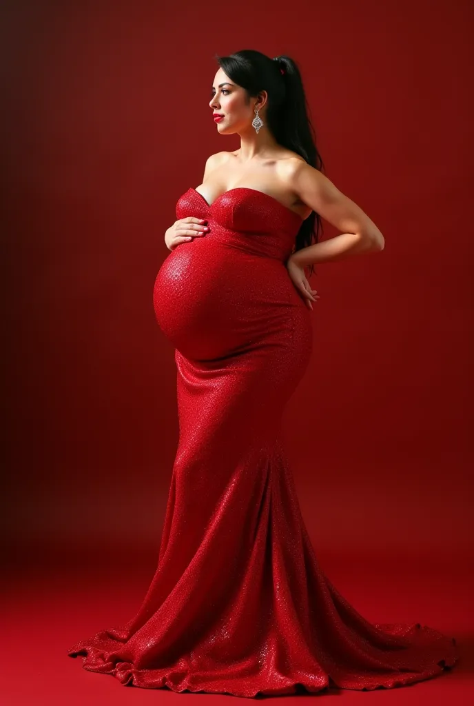 A woman named Seraphina 
Seraphina description: Her belly looks like a pregnant woman's, but is 120cm big (3 feet), her chest resembles 2 massive balloons, bee hips are 3-4 feet wide. Her facial features look like Gal Gadot, she has black hair, either glow...