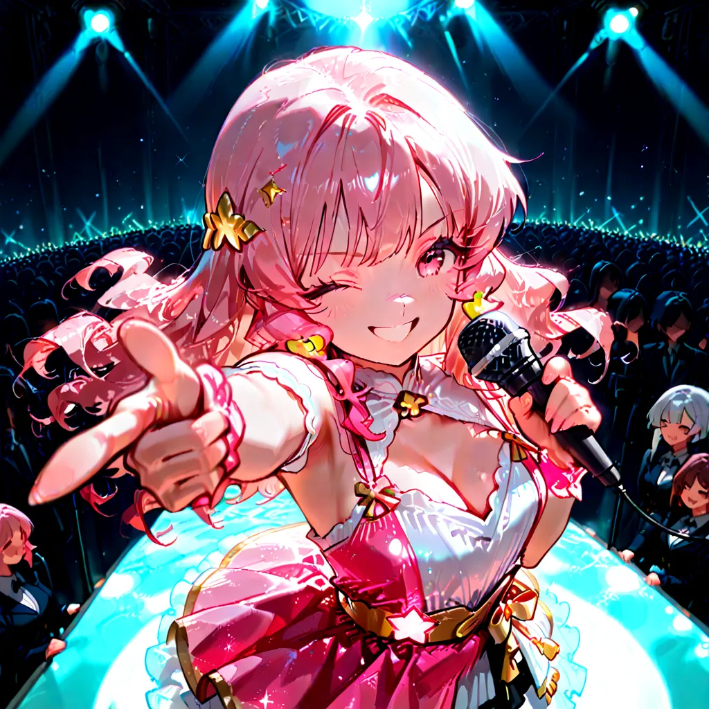 a young idol on stage, with long wavy hair, underlayer hair: silver hair outside and bright pink hair inside. the singer has a microphone in her hand, smiling and winking, one finger pointing towards the audience, in the background we see the stage lights ...