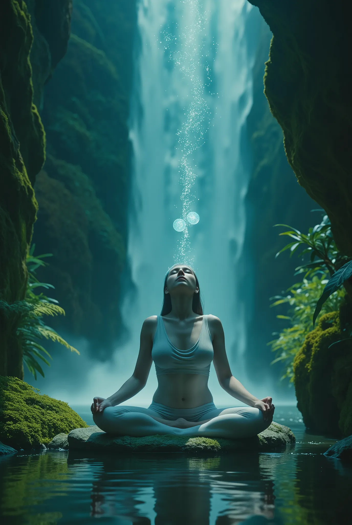 A cinematic figure in meditation, surrounded by natural elements and lighting symbols, transmitindo a ideia de profundidade, Self-conscious reflection