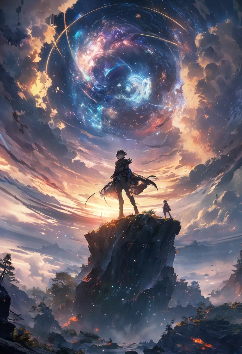 Anime boy standing on a rock and looking at the star-filled sky, Makoto Shinkai Cyril Rolando, anime art wallpaper 4k, anime art wallpaper 4k, Anime Art Wallpapers 8K, Space Sky. by makoto shinkai, Inspired by Cyril Rolland, Dan Mumford&#39;s Artwork Style...