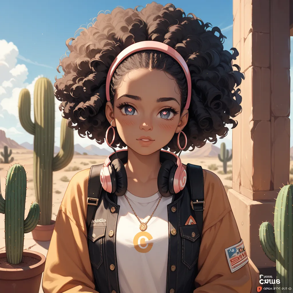 Solo, Curly Hair, Afro, Blush, Symbol-Shaped Pupils, Hair Ornament, Cactus, Cactai, Black girl, comic Jewelry, Headphones, Logo