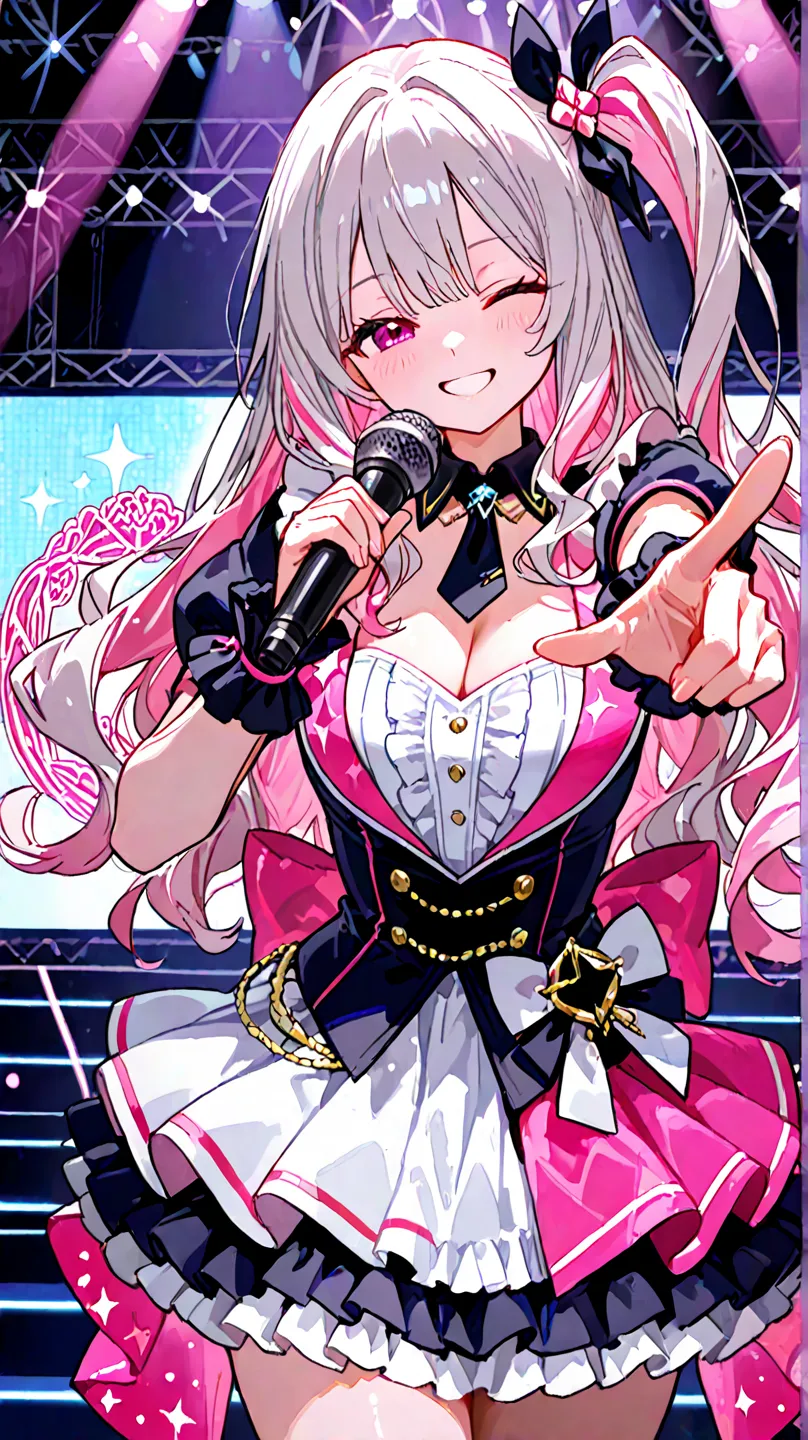 a young idol on stage, with long wavy hair, underlayer hair: silver hair outside and bright pink hair inside. the singer has a microphone in her hand, smiling and winking, one finger pointing towards the audience, in the background we see the stage lights ...