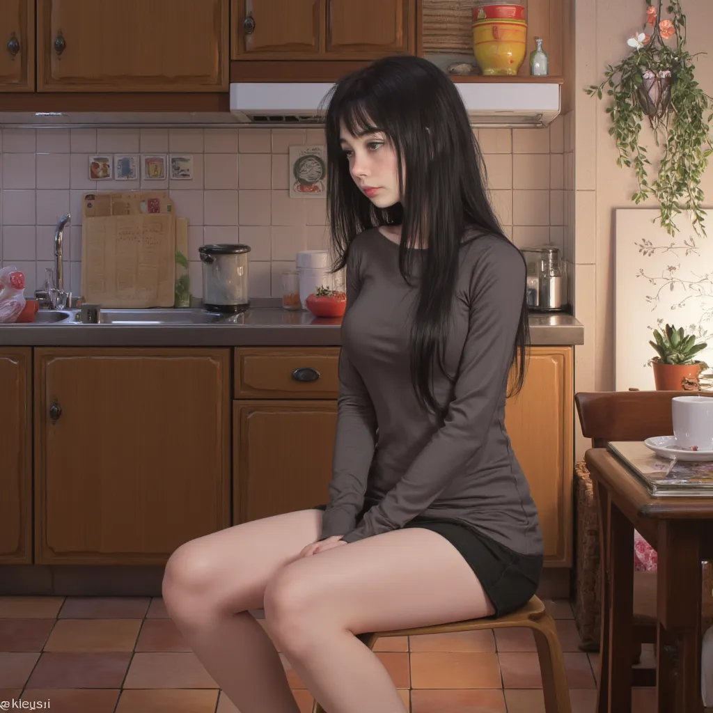  Dark-haired girl, sitting in the kitchen,  short skirts, fitted long sleeve t-shirt, realistic