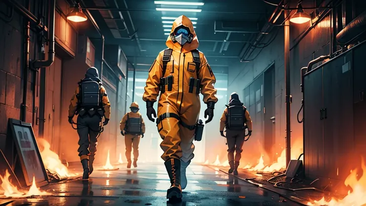 Bright yellow hazmat suit with full-body coverage and hood facing directly forward, black respirator mask visible through face shield looking straight at viewer, industrial protective gear, contamination protection, standing figure in frontal view only, or...