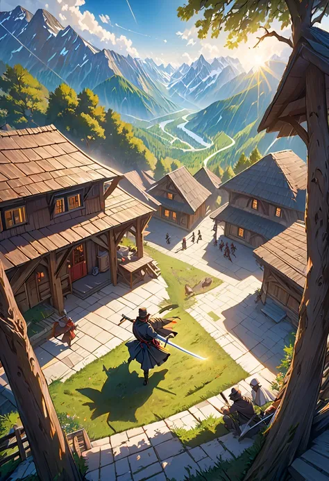 masterpiece, very well detailed,  surreal, detailed background, BRIGHT LIGHTING, Daylight,, (A swordsman fights against bandits in a plaza surrounded by woods), (Mountain hut), (Wide angle),