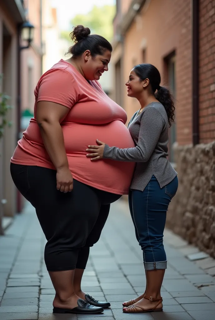 ssbSSBBW, Fat woman, huge belly, huge butt, obese, fat, overweight, gigantic, huge woman, obese woman, tall woman, Alley, watching, smile, huge belly, huge butt, hugging, young, 2women, size difference, fat woman taller, realistic, photography, giant, woma...