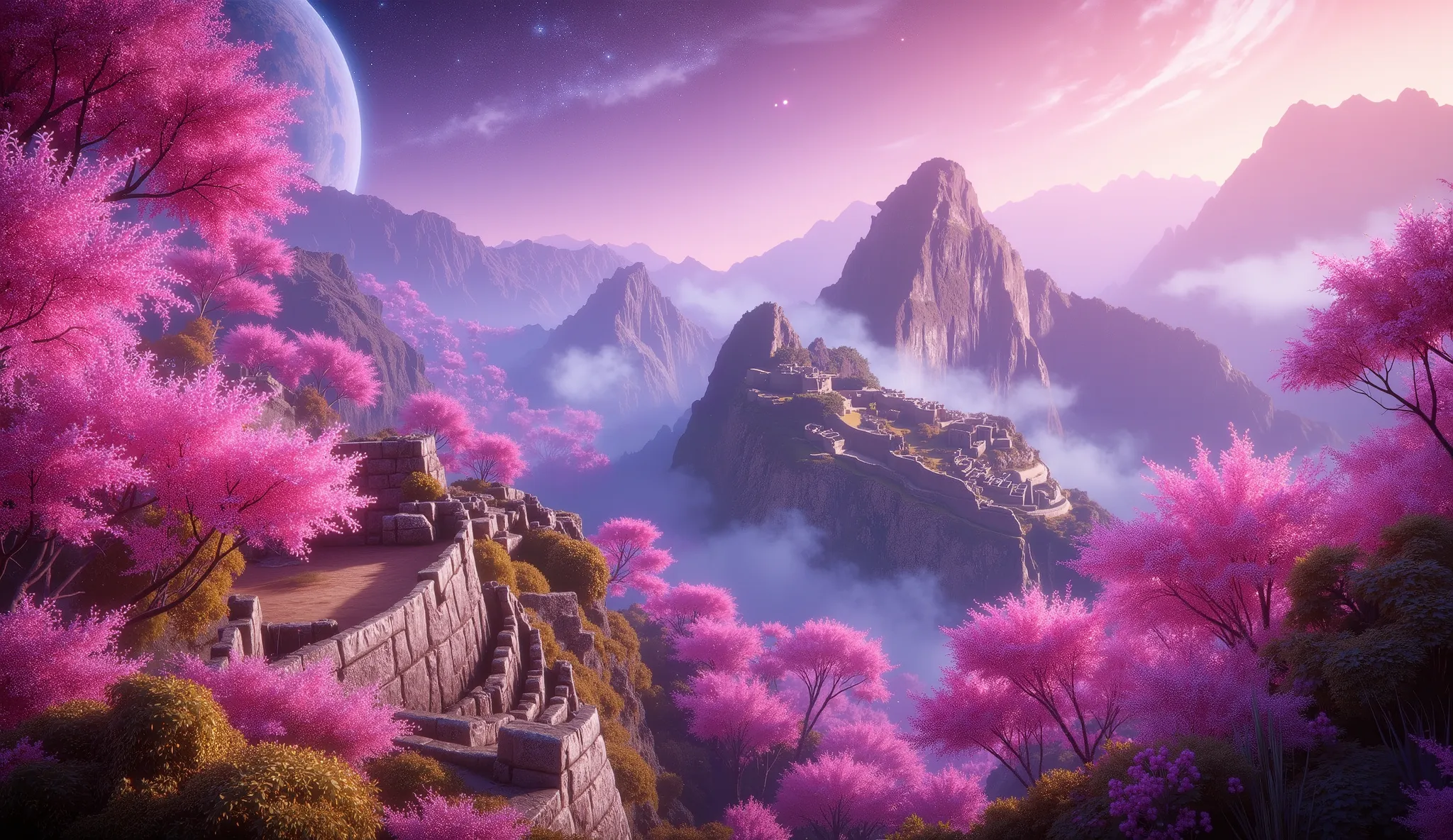 masterpiece, The ruins of Machu Picchu (cuzco)  beautiful, a large cherry blossom forest, a lot of clouds everywhere, a planet in the sky and stars, The ruins of Machu Picchu muy Detailed,  beautiful bosque de flor de cerezos de color impresionante, clouds...