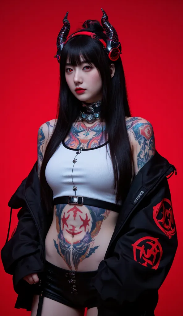 full body image ,
A futuristic-looking woman and cyberpunk, wearing edgy black clothes with red accents. x} He has long straight black hair with flat bangs, bright red eyes that appear to shine, as well as technology-themed accessories such as wires and me...