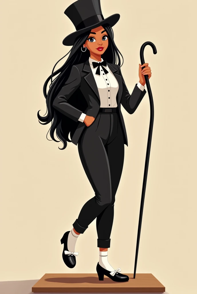 Beautiful Mexican American Girl in her 20’s long straight black hair, on a small wood board, trying clothes. Wearing strap black tuxedo with black dress pants. Cartoon, wearing black Mary Jane tap shoes with cute white socks, while tap dancing so very cute...