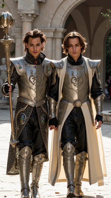 Two absolutely the same Johnny Depps reimagined as a human-Gemini hybrid walking and holding silver staffs、dramatic atmosphere, 1 male、
medium-length, tousled dark hair, expressive dark eyes, and sharp facial features.
They wear ultra-luxurious armor cra...