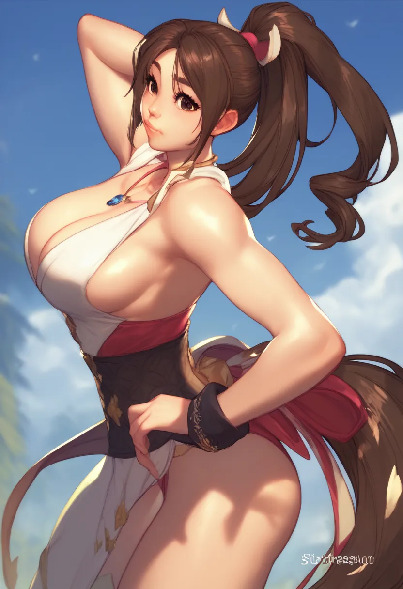 mashrni, 1girl, brown hair, ponytail, long hair, brown eyes, large breasts, standing 