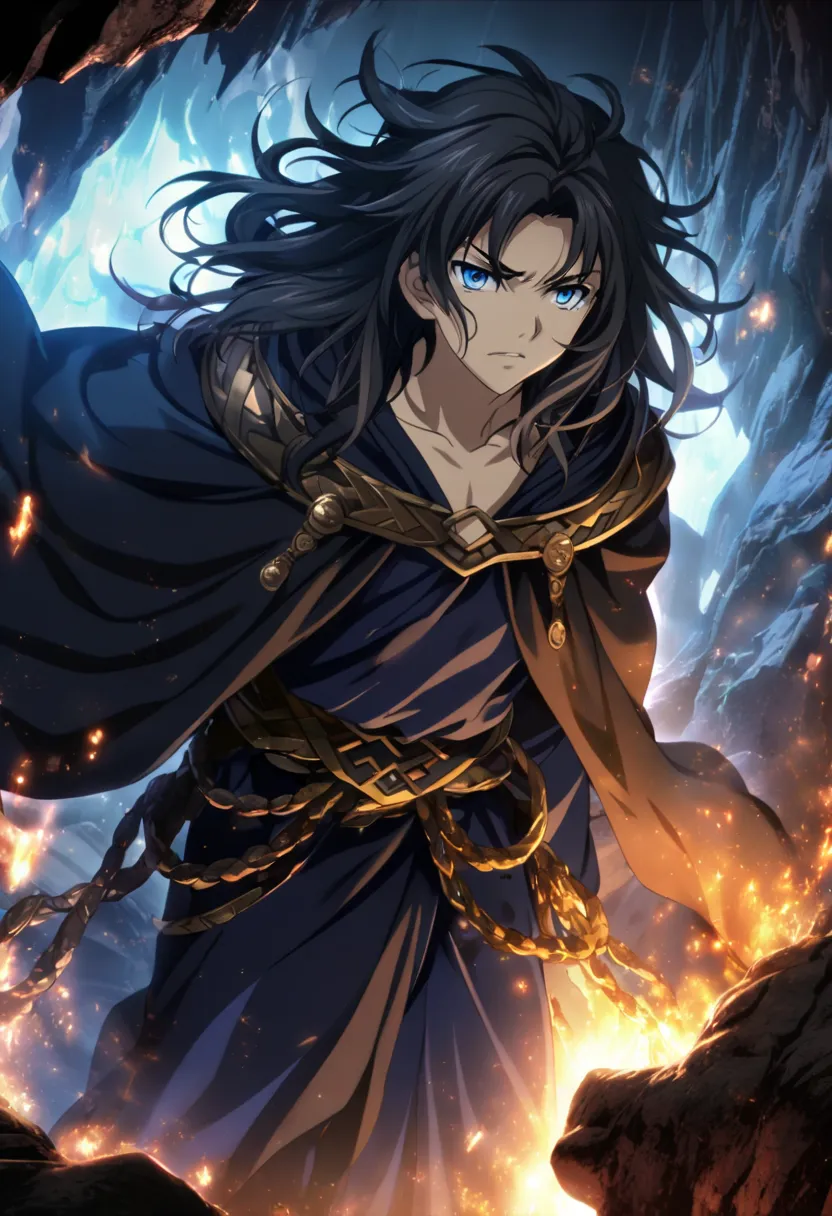 1male, black hair, uneven mid-length hair, messy hair, striking blue eyes, black Greek robe, CG, underworld