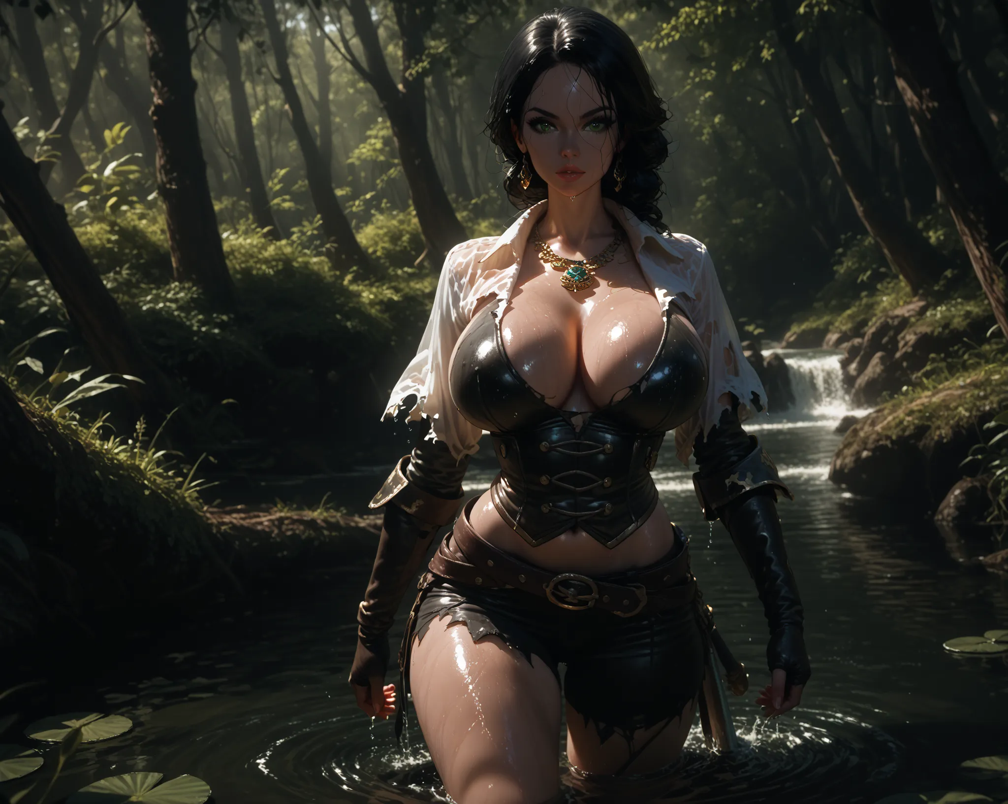 Attractive female pirate, huge perky breasts, Long black hair, green eyes, Super Detailed, High Resolution, Jewelry, pond, forest, wet, walking in water, sunlight, looking at viewer, leather armour, torn white shirt, cutlass