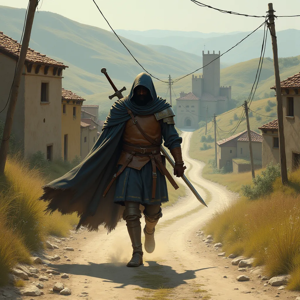 Medieval hero humbly leaves the city, Head bowed and sword on shoulder, runs from the "Camera" Road