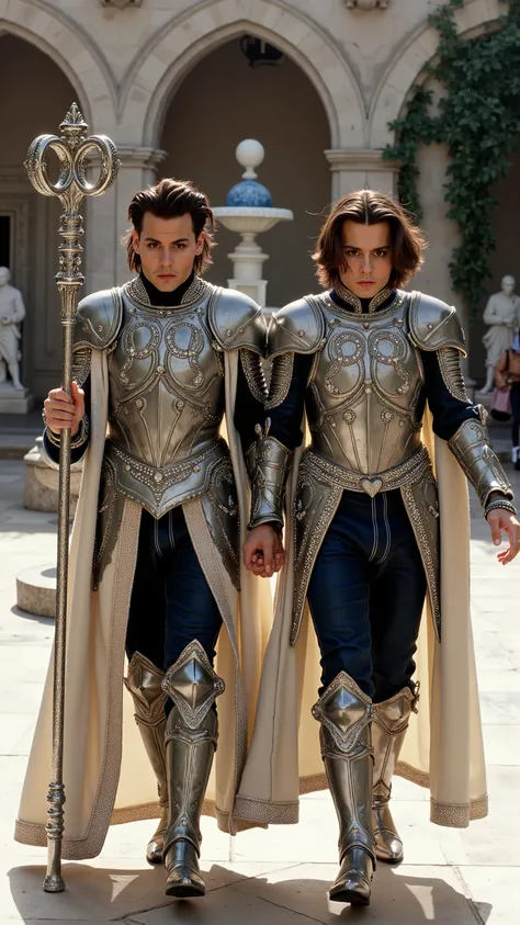 Two absolutely the same Johnny Depps reimagined as a human-Gemini hybrid walking and holding silver staffs、dramatic atmosphere, 1 male、
medium-length, tousled dark hair, expressive dark eyes, and sharp facial features.
They wear ultra-luxurious armor cra...