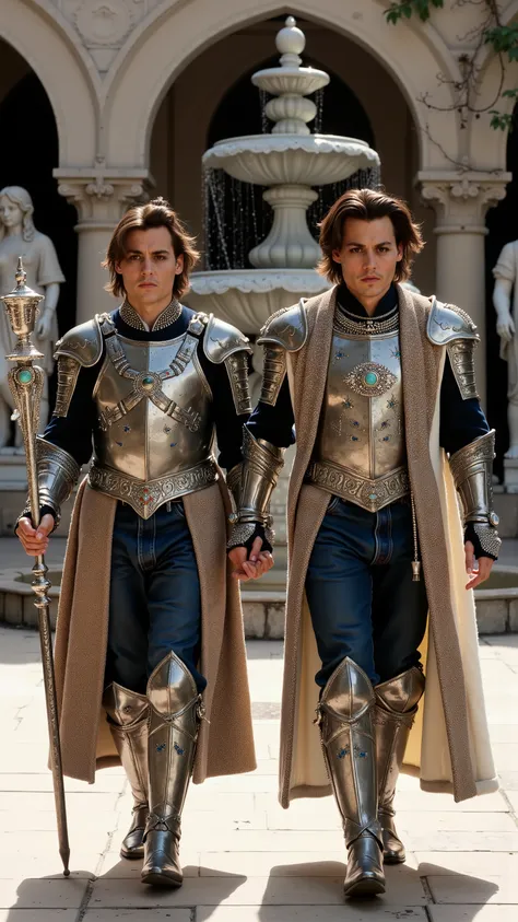 Two absolutely the same Johnny Depps reimagined as a human-Gemini hybrid walking and holding silver staffs、dramatic atmosphere, 1 male、
medium-length, tousled dark hair, expressive dark eyes, and sharp facial features.
They wear ultra-luxurious armor cra...
