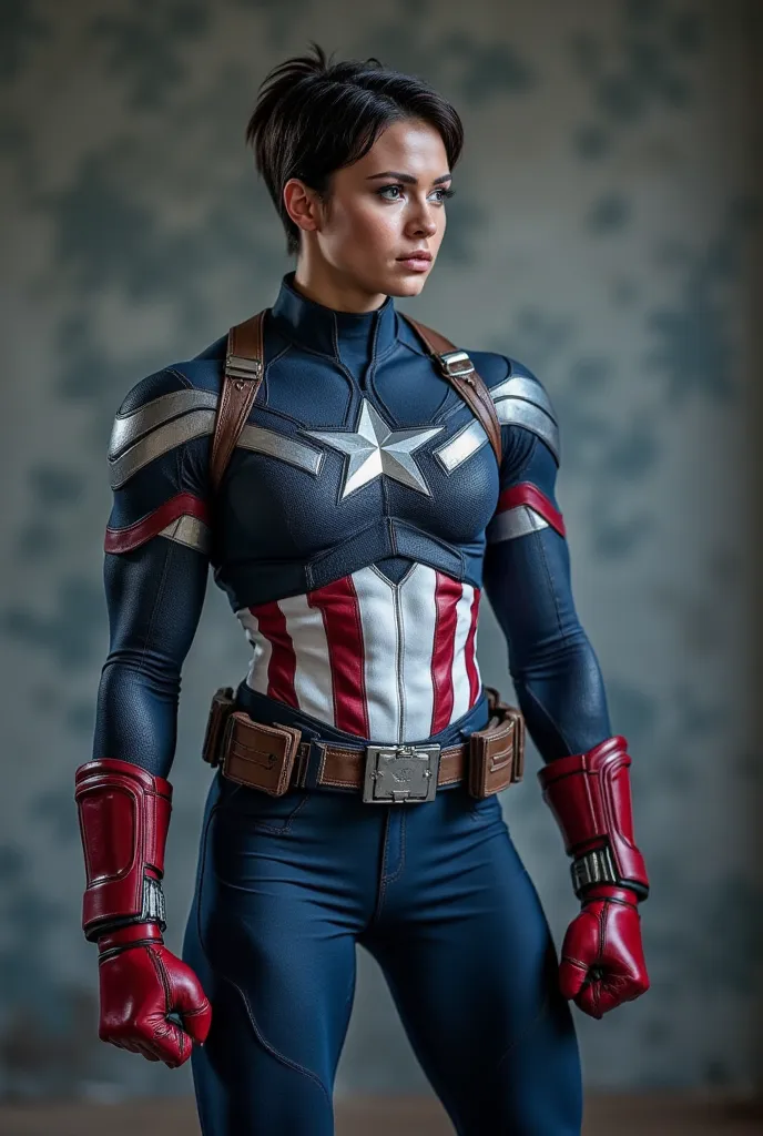 A professional, high-contrast photograph of Emma, the 30-year-old daughter of Captain America, showcasing her extraordinary physical strength and muscular physique, surpassing that of her father's, with a powerful and confident demeanor. She stands asserti...