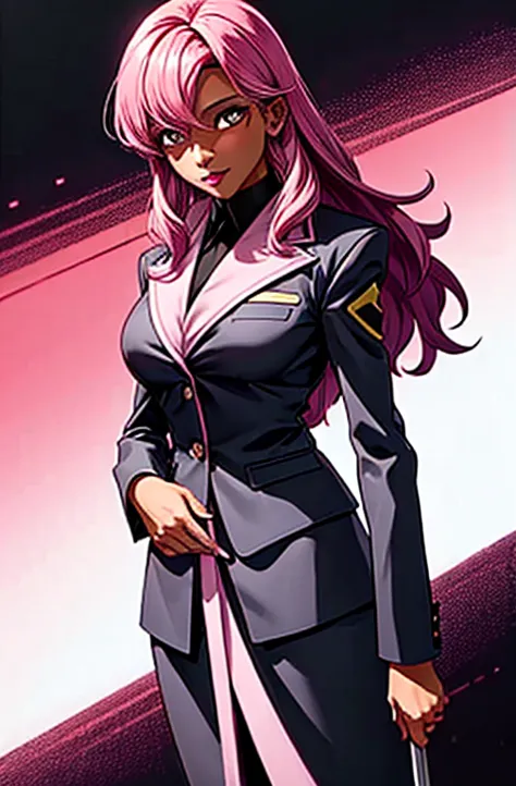 Black skinned business woman in a black skirt suit , pink blouse , and pink hair