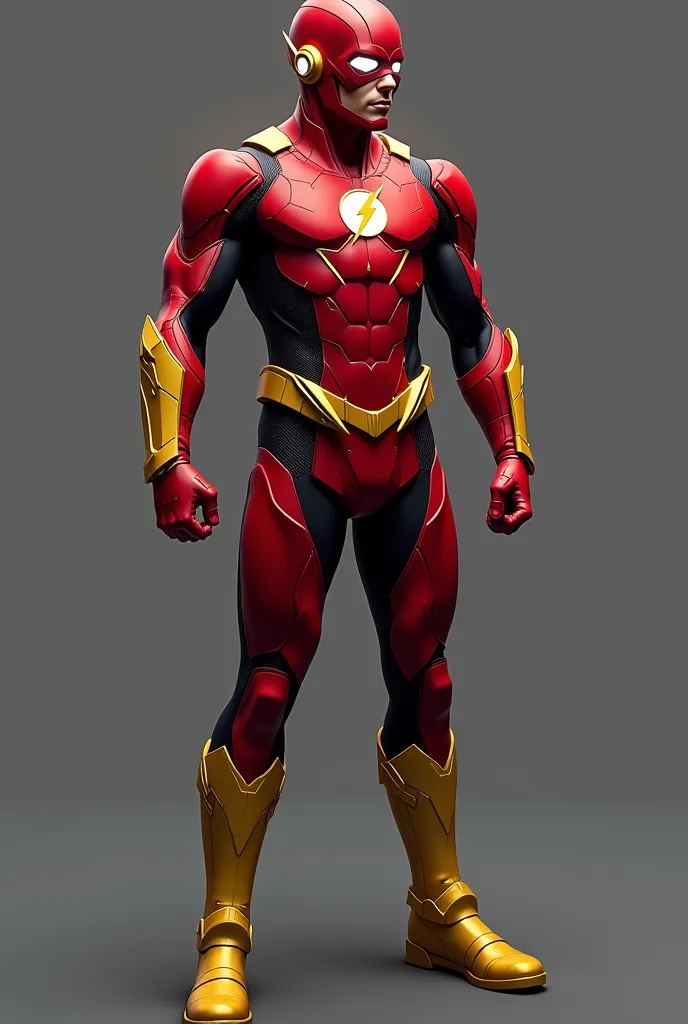 CW's The Flash season 4 costume plus red, with yellow lines, black parts, golden boots , and white eyes 