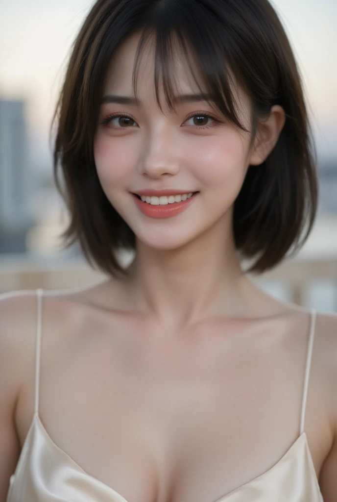 sfw, close up shot, beautiful young Chinese woman, short black hair, side-swept bangs, hazel eyes, fair white skin, satin dress, deep cleavage, (looking at viewer), happy, glossy pink lips, (mouth open smile), teeth, balcony background, dancing