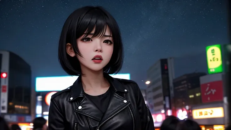 1girl, black short bob bang hair, black eyes, angry face, wearing black leather jacket, looking slightly to the sky, center position, shot from head to chest, no cut frame on the head, in the middle of the night, bokeh shibuya cross cinematic background