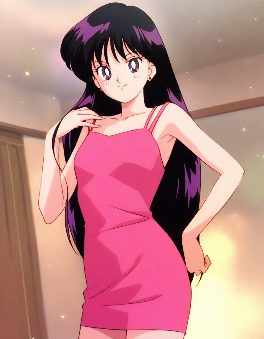 masterpiece,best quality,amazing quality, sailormarshinorei, 1girl, solo, black hair, long hair, bangs, purple eyes,looking at viewer, seductive smile, closed mouth, collarbone, a little pink camisole dress, short pink bodycon dress, portrait, standing up,...