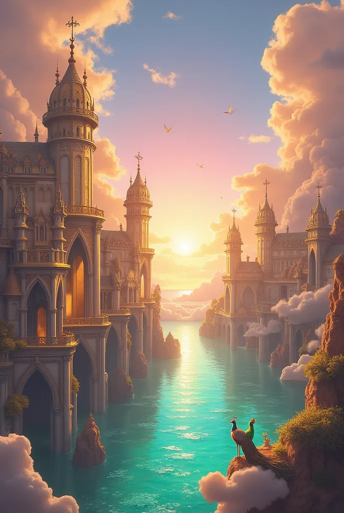 Surreal digital painting with a fantastic golden floating city in a lilac gradient sky, illustrative 
 detailed image with fantasy Gaudi-style buildings, glass arches, sunlight passes through the arches, an emerald transparent stormy sea and fluffy creamy ...