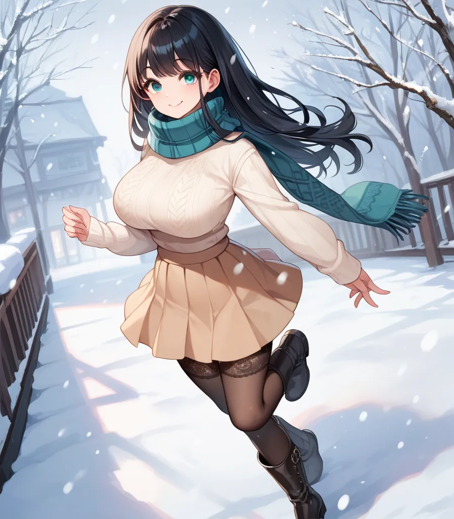 High definition. High quality. Heavily Detailed. Anime style. Solo. Young. Girl. Long black hair. Aqua eyes. Smile. Droopy eyes. Large breasts. Short in stature. Skirt. Lace tights. Boots. Sweater.  Scarf. Snowing.