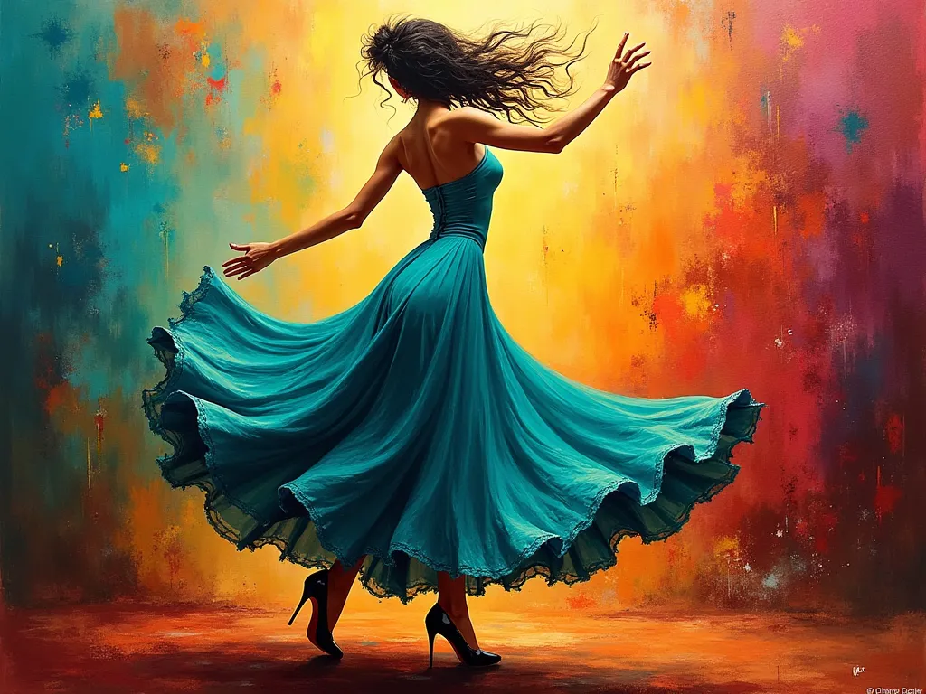 creates an abstract surrealist style painting of a beautiful Spanish gypsy , dancing .with black shoes ,turquoise dress and colorful background, without people 