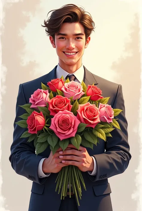 ((hand-drawn art, realistic painting style(thank you) ,realism, maximum quality ,high detail)) in the foreground is a huge gorgeous bouquet of roses , who is a cute European young man in a suit and tie, with a smile behind, hands out a gorgeous bouquet of ...