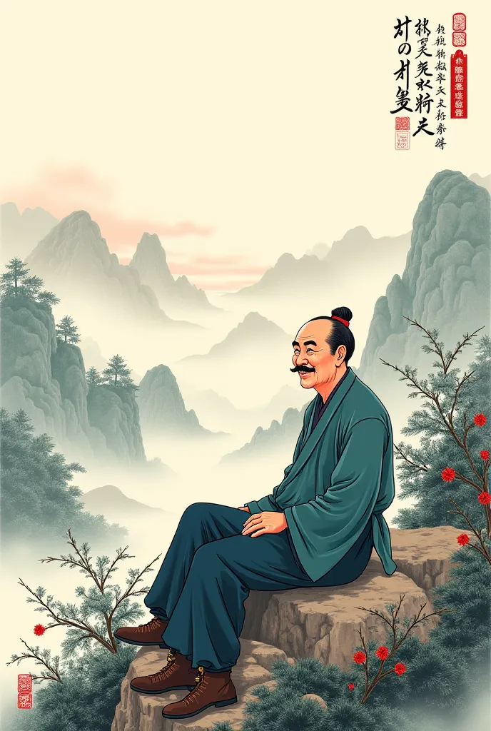 white background up: painting traditional Old chinese   man with mustache , gentle smile and satisfasction,is sitting on mountain traditional painting chineese landscape with chineese trees